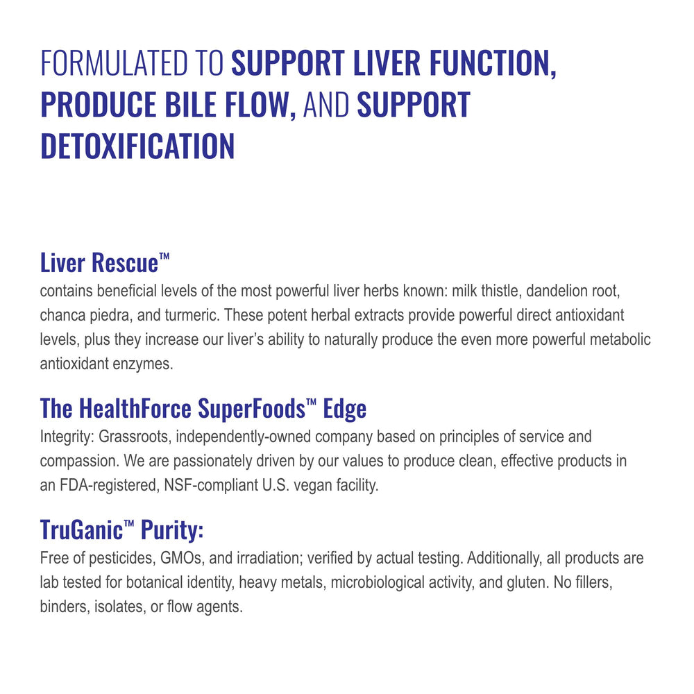 HealthForce Liver Rescue label detailing vegan, kosher, and gluten-free certifications