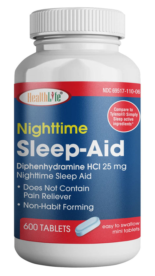 HealthLFE HealthPharma Nighttime Sleep-Aid bottle with blue cap supports peaceful sleep.