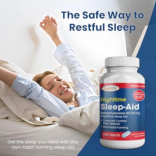 HealthLFE Nighttime Sleep-Aid caplets close-up showing 25 mg dosage for effective sleep.