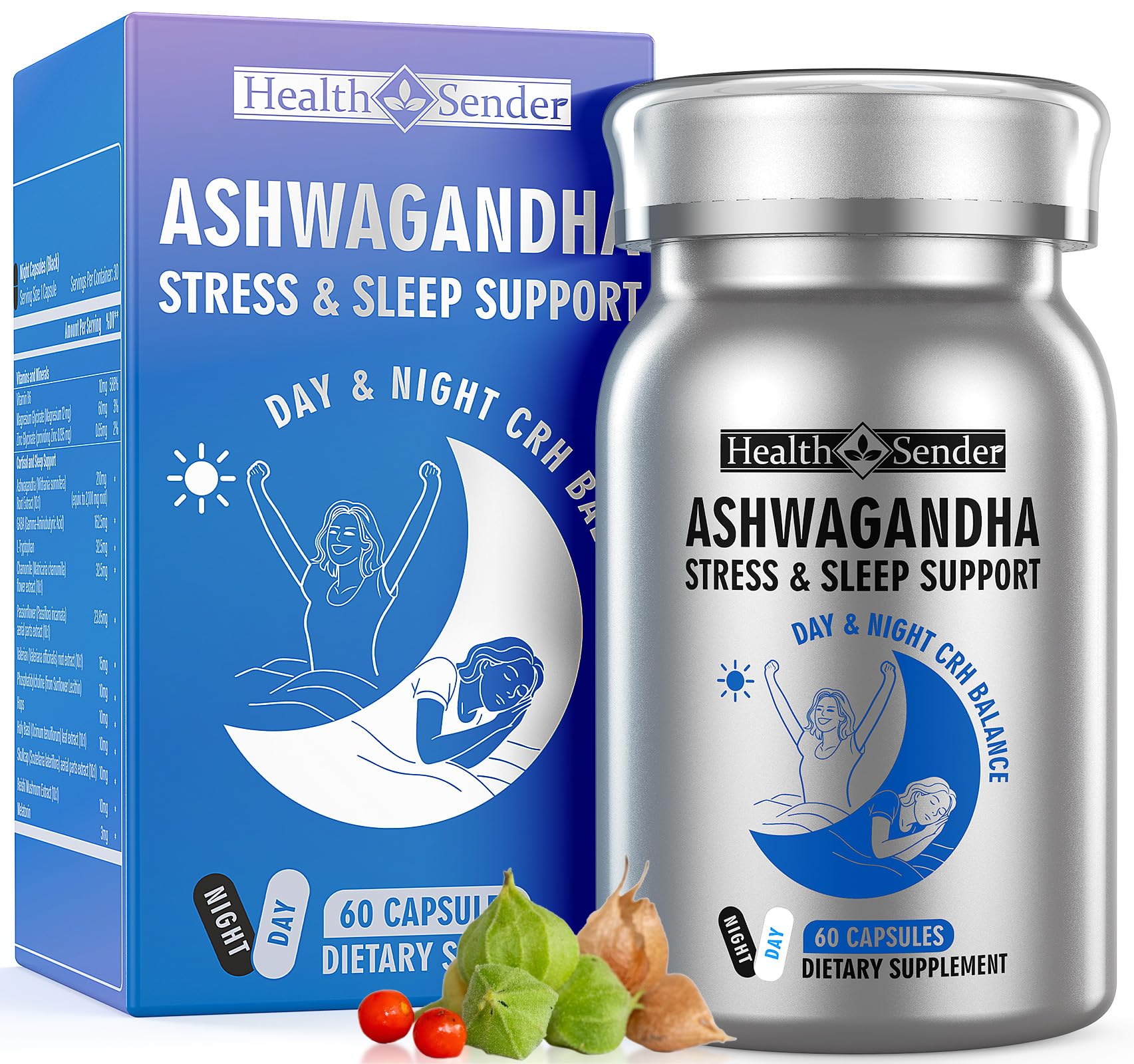 HealthSender Cortisol-Manager bottle featuring Ashwagandha Day & Night formula
