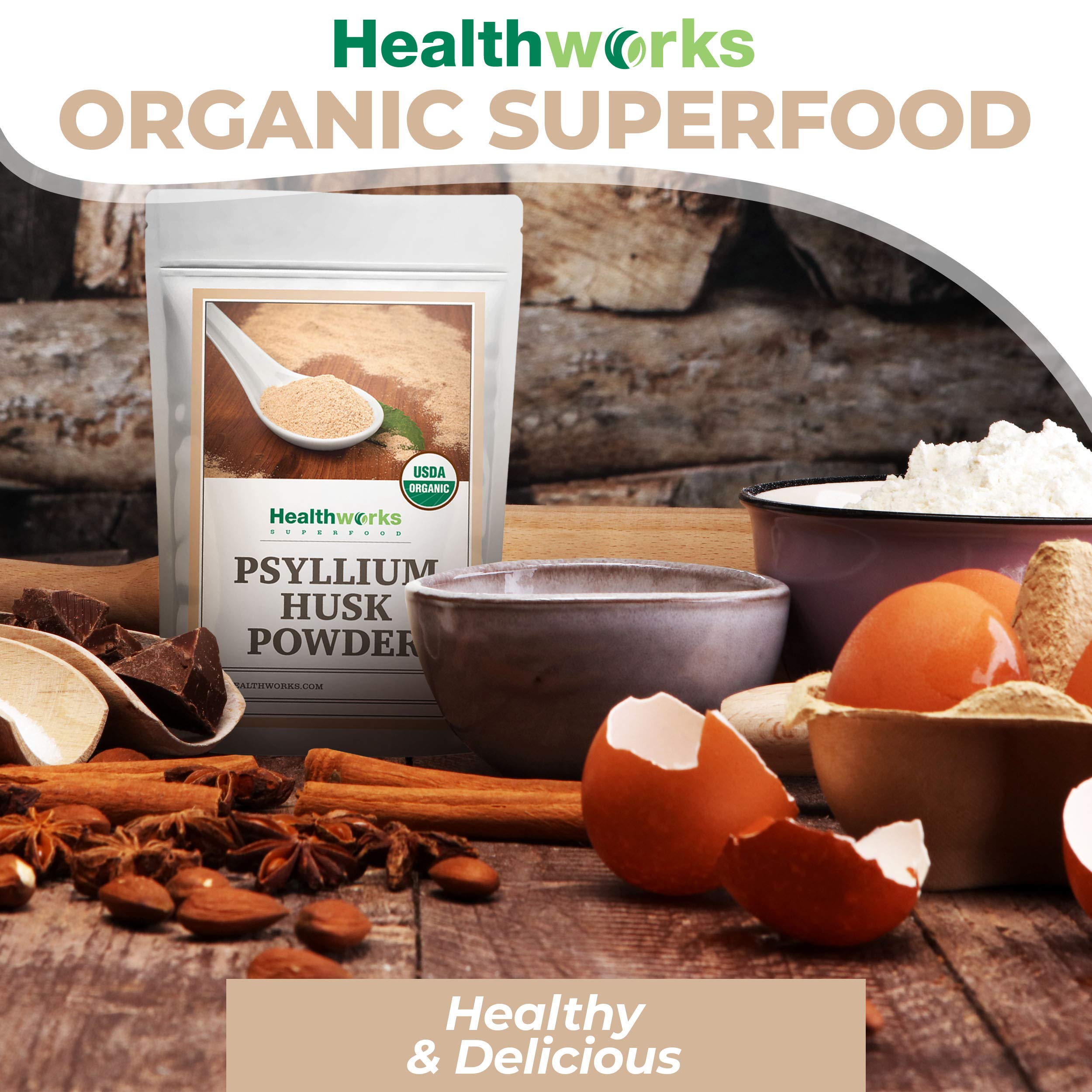Front of bottle packaging for Healthworks psyllium husk powder