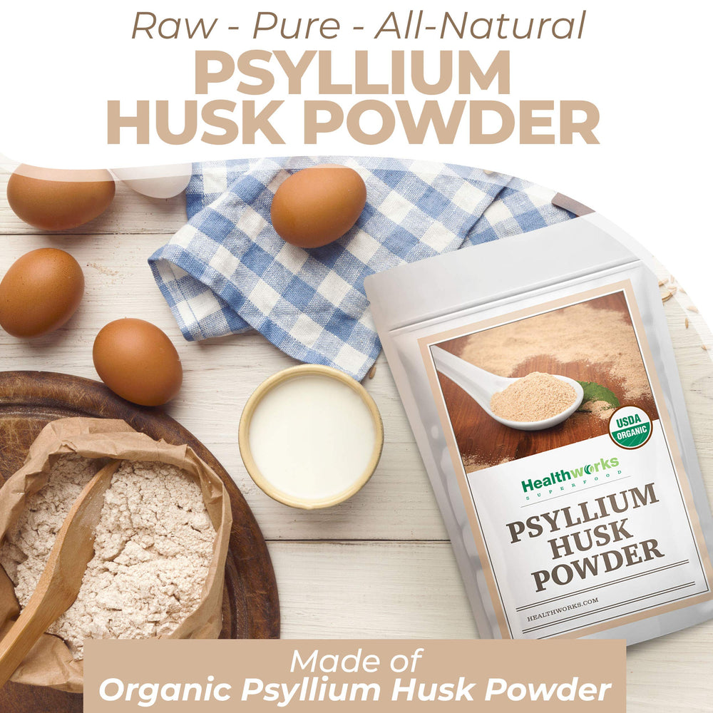 Organic certification label on Healthworks psyllium husk powder