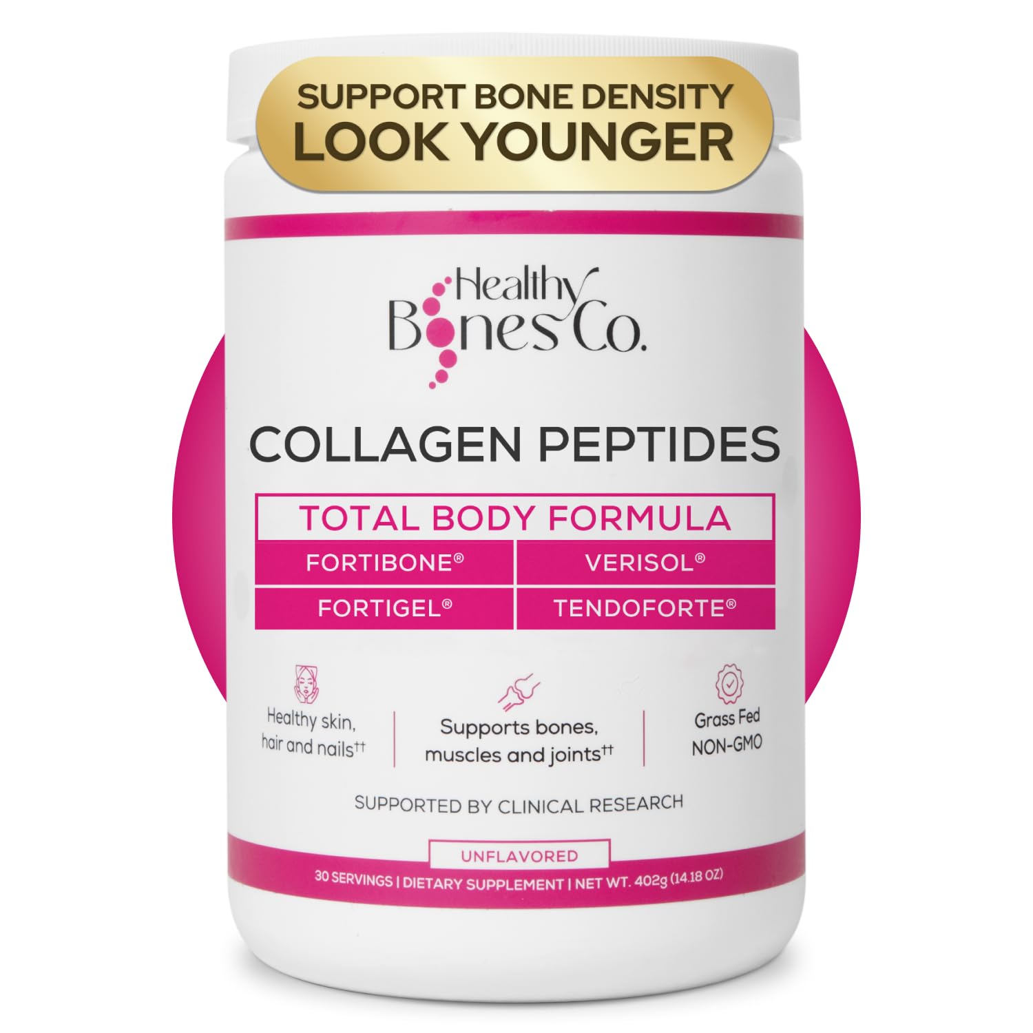 Healthy Bones Co. Fortibone bottle showing bone health support for daily use