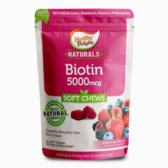 Healthy Delights Naturals Biotin Soft Chews packaging with wild berry flavor