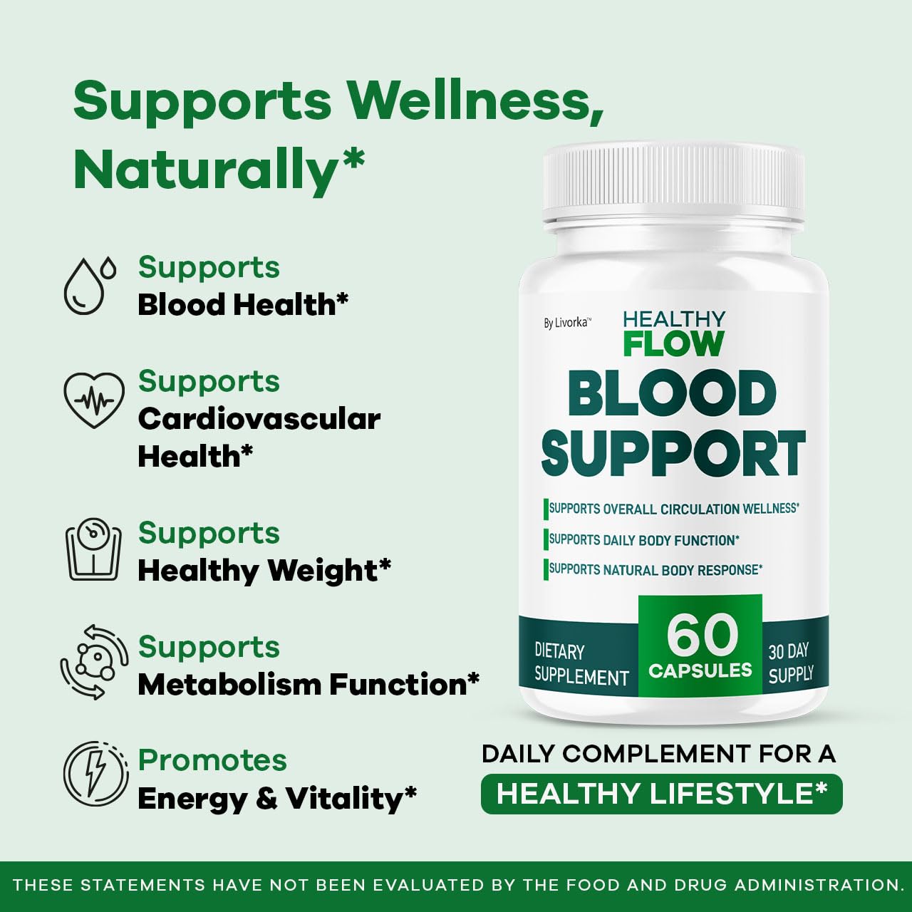 60-capsule bottle of Healthy Flow Blood Support showing 695 mg claim