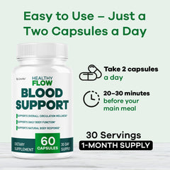 Front view of Healthy Flow Blood Support bottle with packaging