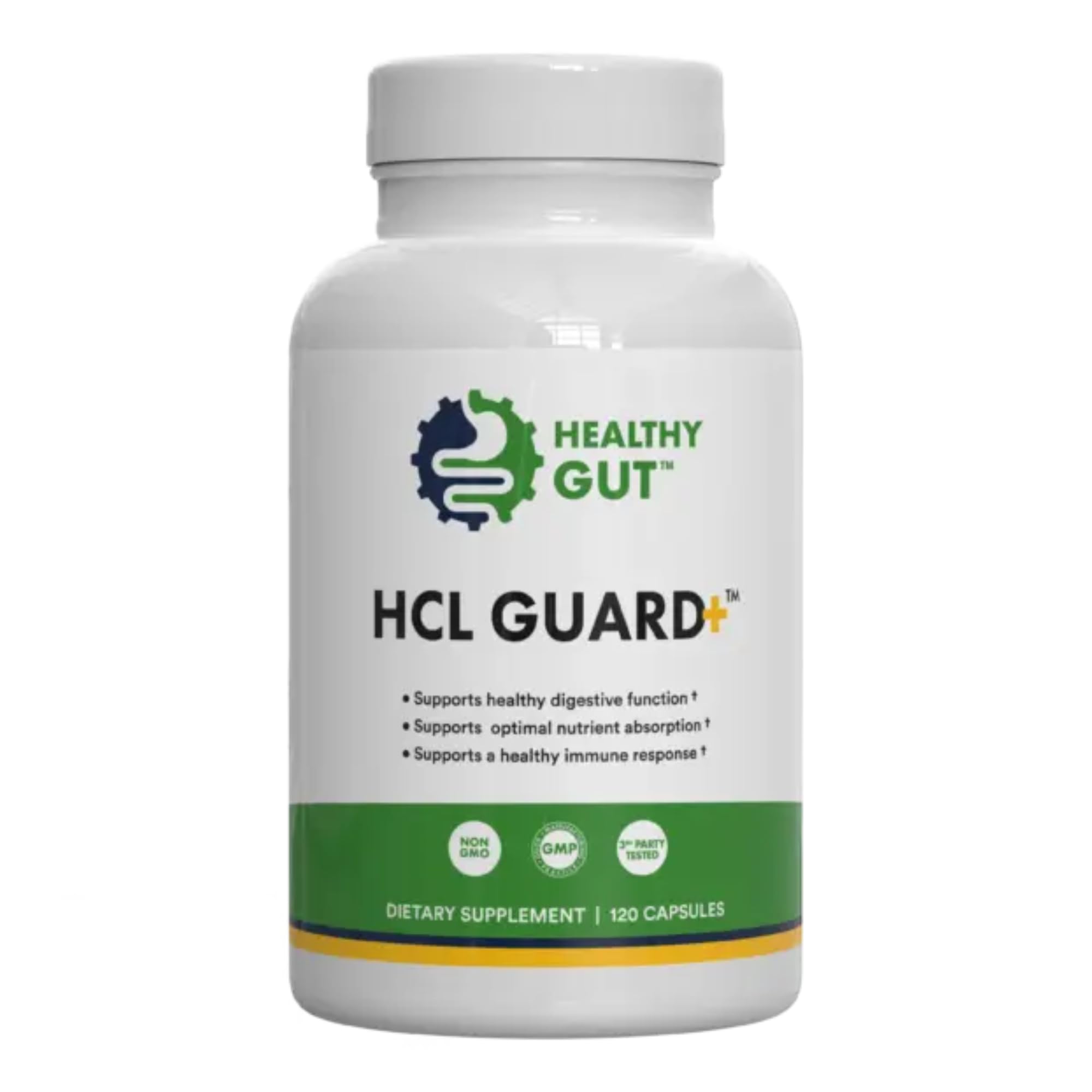 Healthy Gut HCL Guard bottle with capsules pour for digestive support
