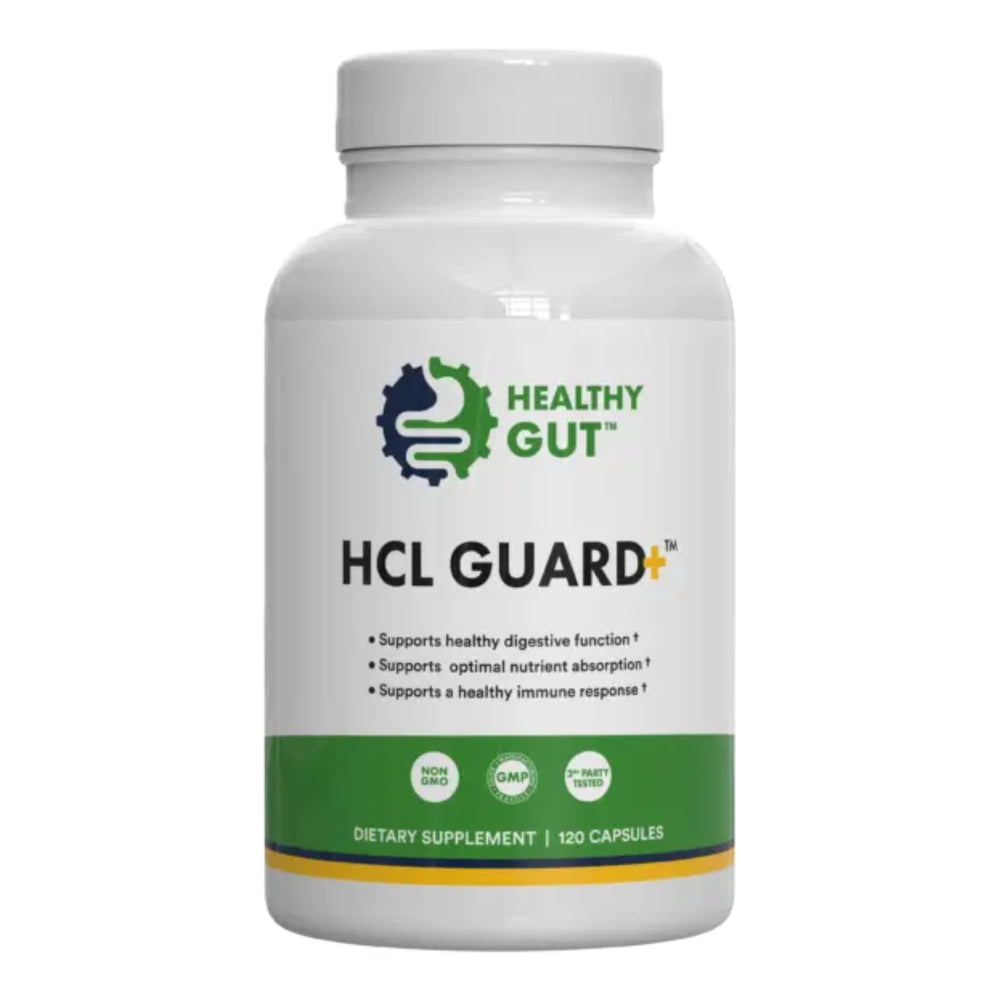 Healthy Gut HCL Guard bottle with capsules pour for digestive support