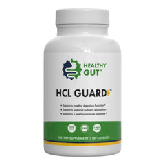 Healthy Gut HCL Guard bottle with capsules pour for digestive support