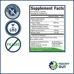 Healthy Gut HCL Guard cap closeup highlighting bottle seal and capsules