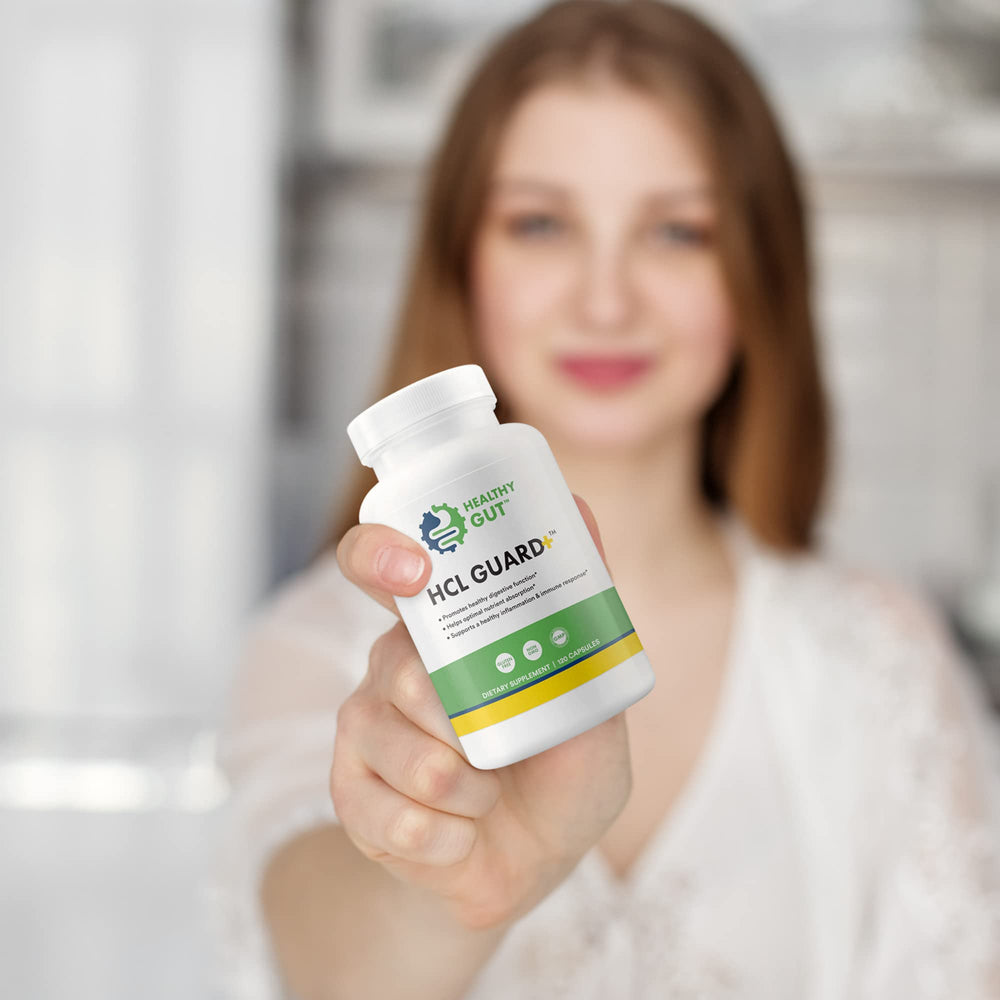 Healthy Gut HCL Guard label closeup emphasizes clean ingredients and allergen-free formula