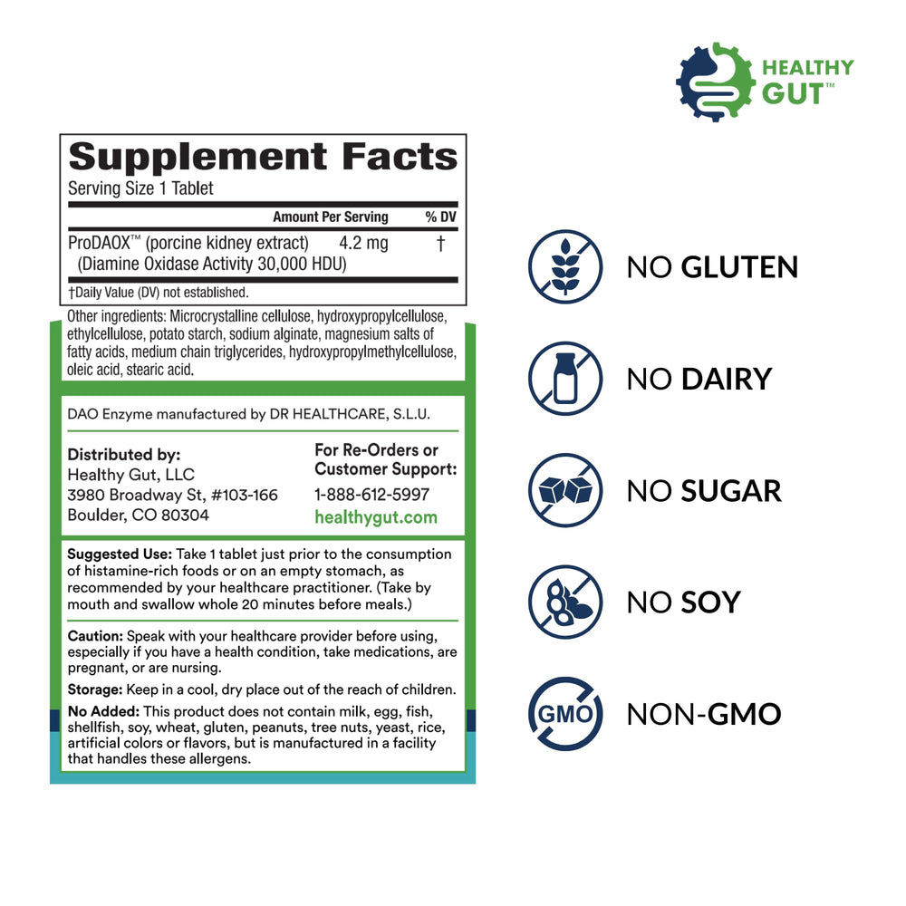 Healthy Gut HistaHarmony bottle back showing dosage and allergen-free features.