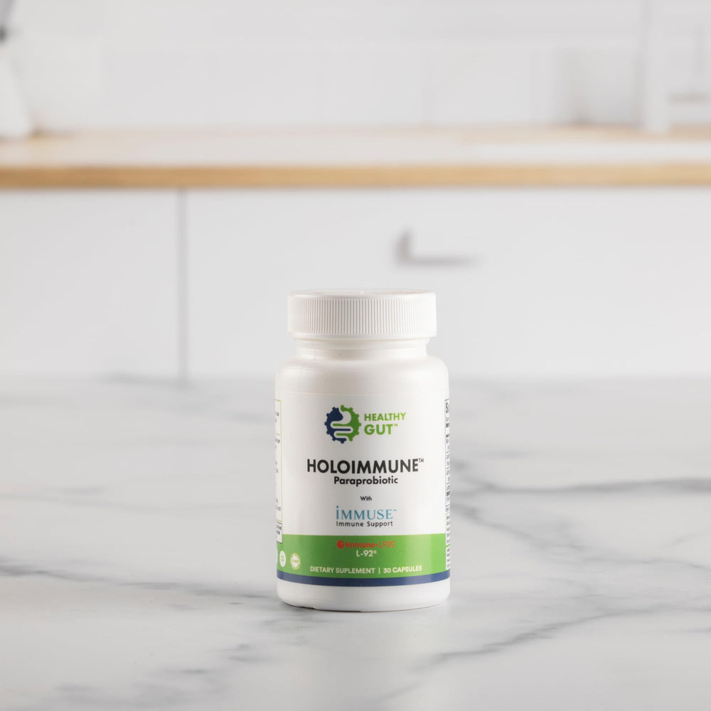 Front packaging of Healthy Gut HoloImmune Paraprobiotic supplement