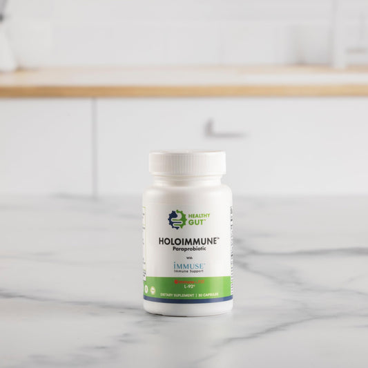 Front packaging of Healthy Gut HoloImmune Paraprobiotic supplement