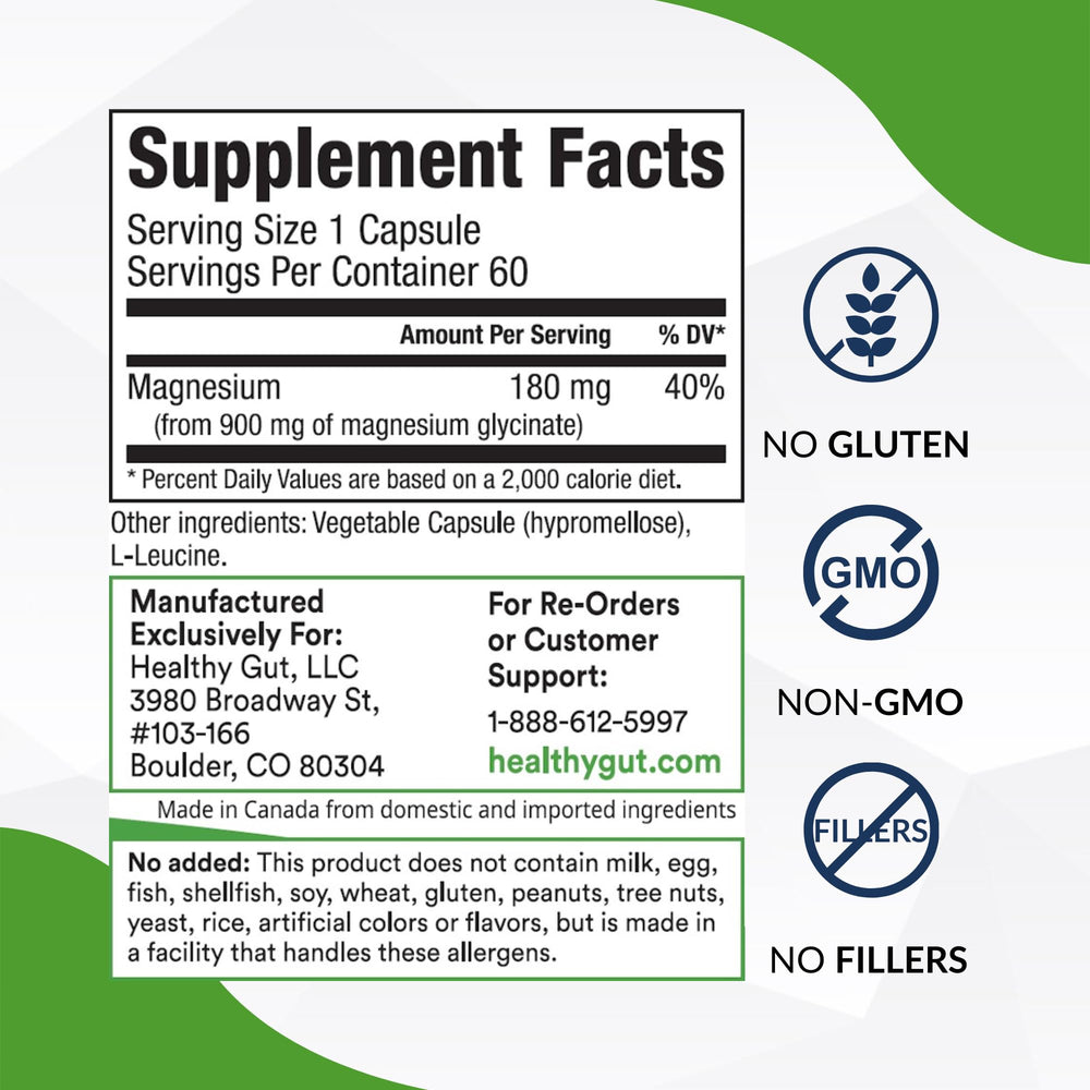 Product label showing 180 mg magnesium glycinate per capsule