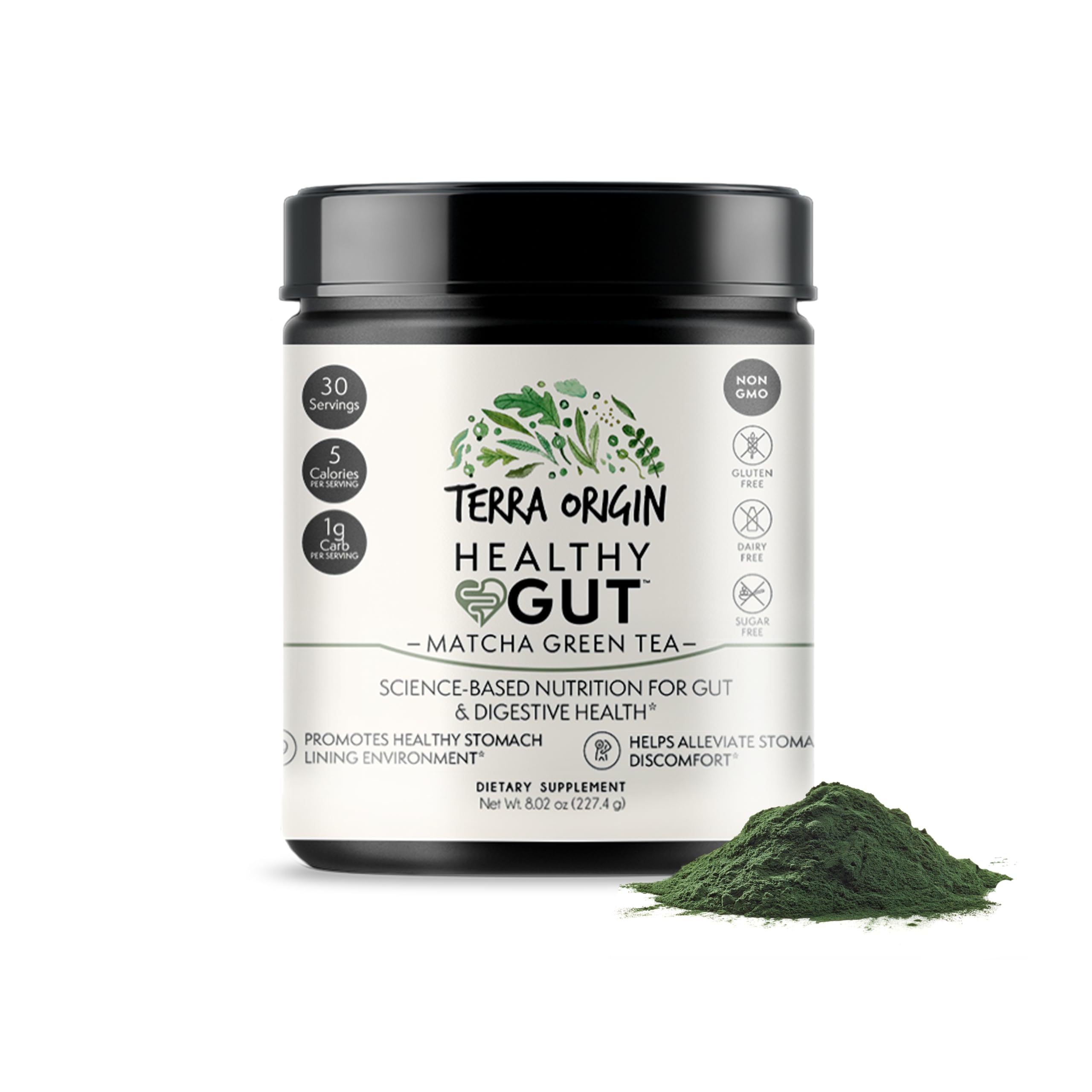 Healthy Gut Matcha Green Tea powder with scoop on white background