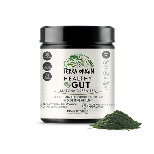 Healthy Gut Matcha Green Tea powder with scoop on white background