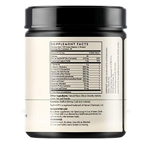 Ingredient collage featuring L-Glutamine, Zinc, Glucosamine and herbal extracts