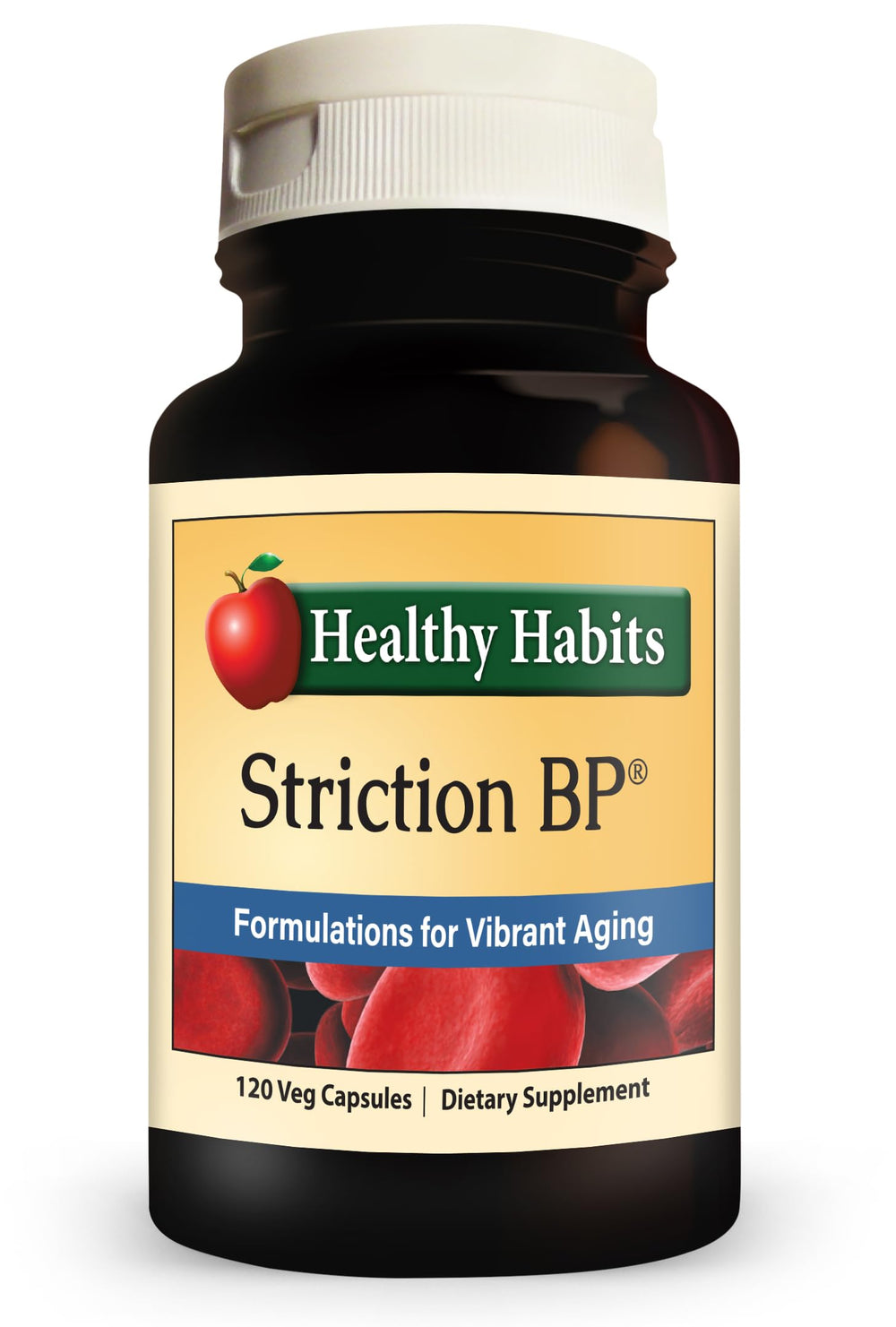 Healthy Habits StrictionBP bottle front view with a four-capsule daily serving for potential blood pressure support.