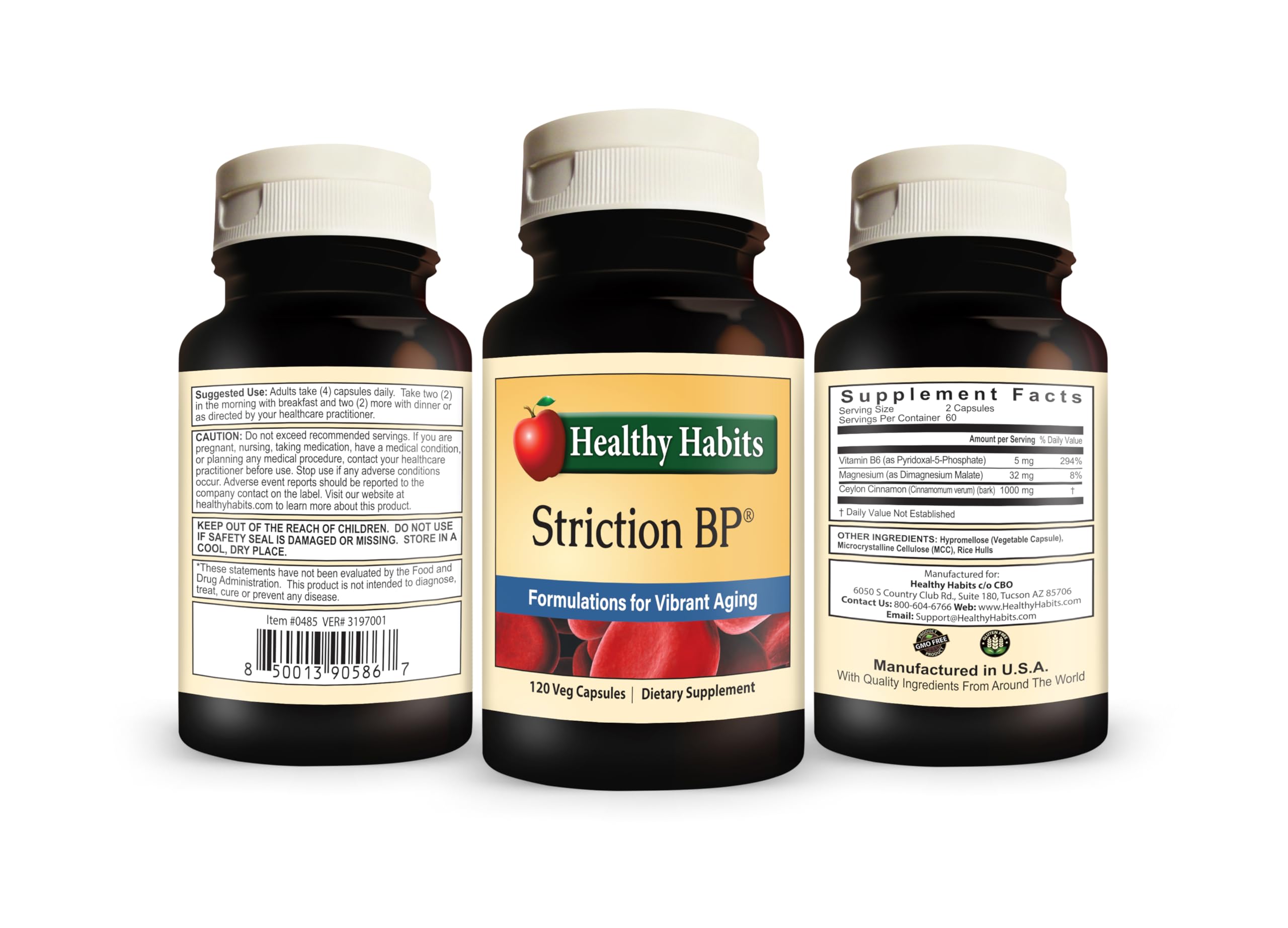 Healthy Habits StrictionBP capsules close-up highlighting vegan capsules and cinnamon-based formulation for daily wellness.