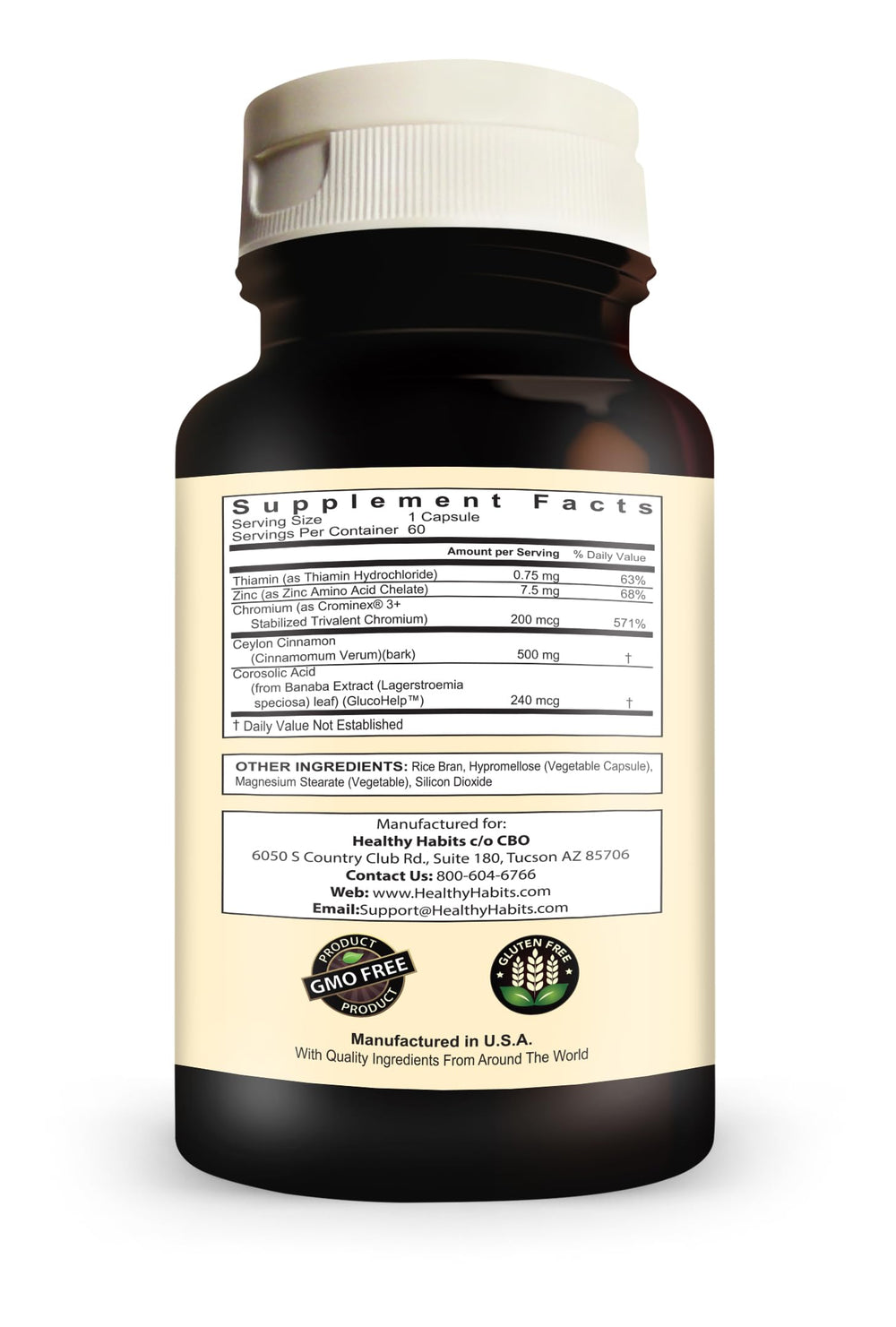 Healthy Habits StrictionD ingredients-label closeup shows Banaba, Cinnamon, Crominex 3+.