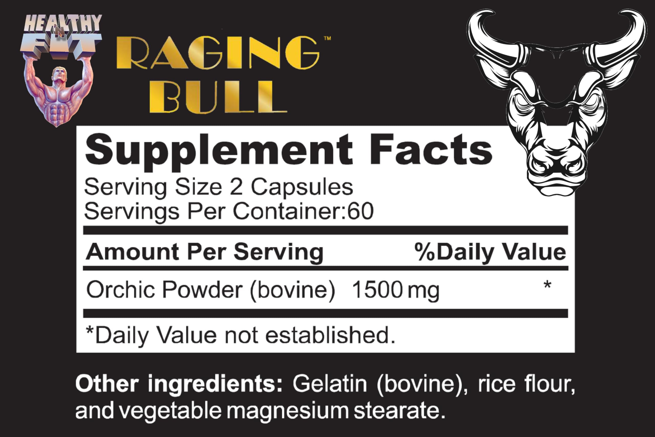 Back view of Healthy N Fit Raging Bull Mega Orchic bottle showing capsule count