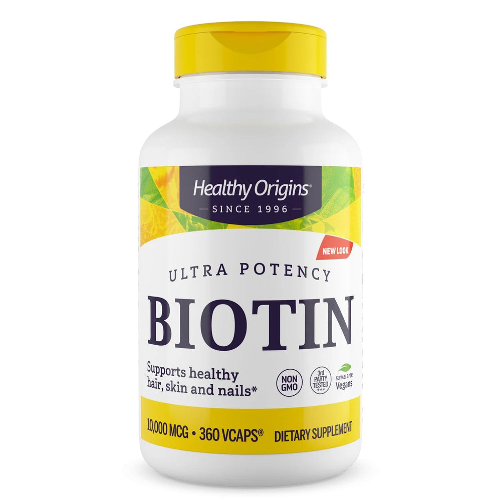 Bottle of Healthy Origins Biotin 10,000 mcg with 360 veggie caps
