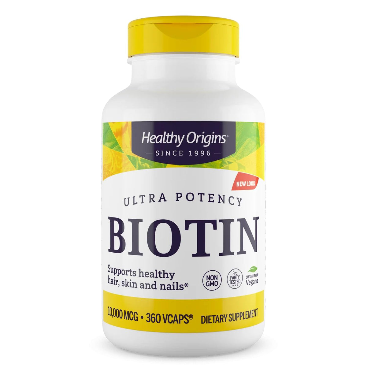 Bottle of Healthy Origins Biotin 10,000 mcg with 360 veggie caps