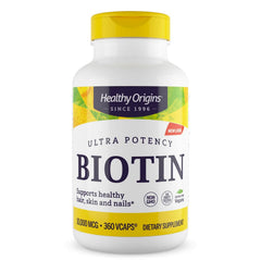 Bottle of Healthy Origins Biotin 10,000 mcg with 360 veggie caps