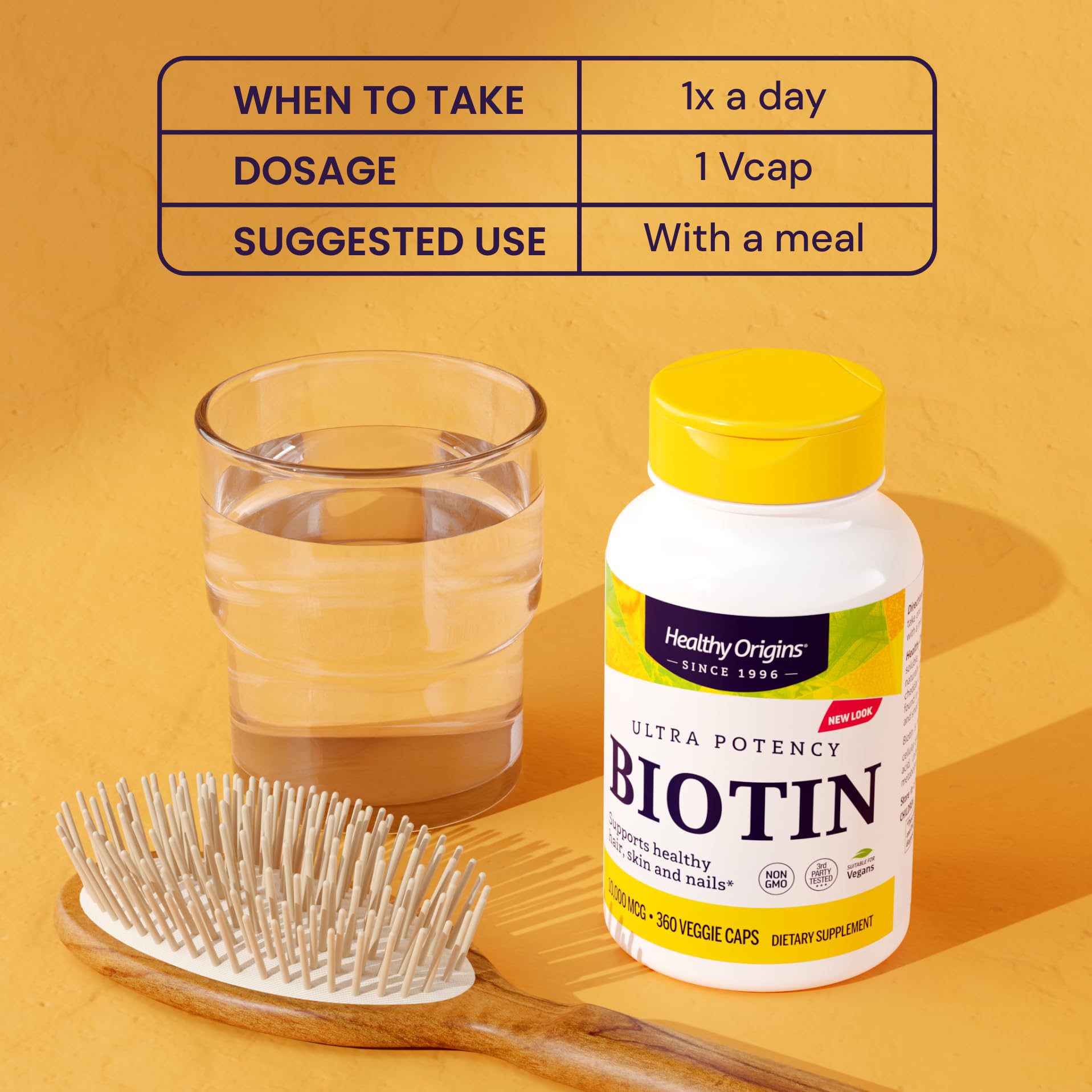 Healthy Origins Biotin 10,000 mcg bottle highlighting hair and nail support