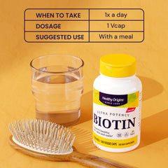Healthy Origins Biotin 10,000 mcg bottle highlighting hair and nail support