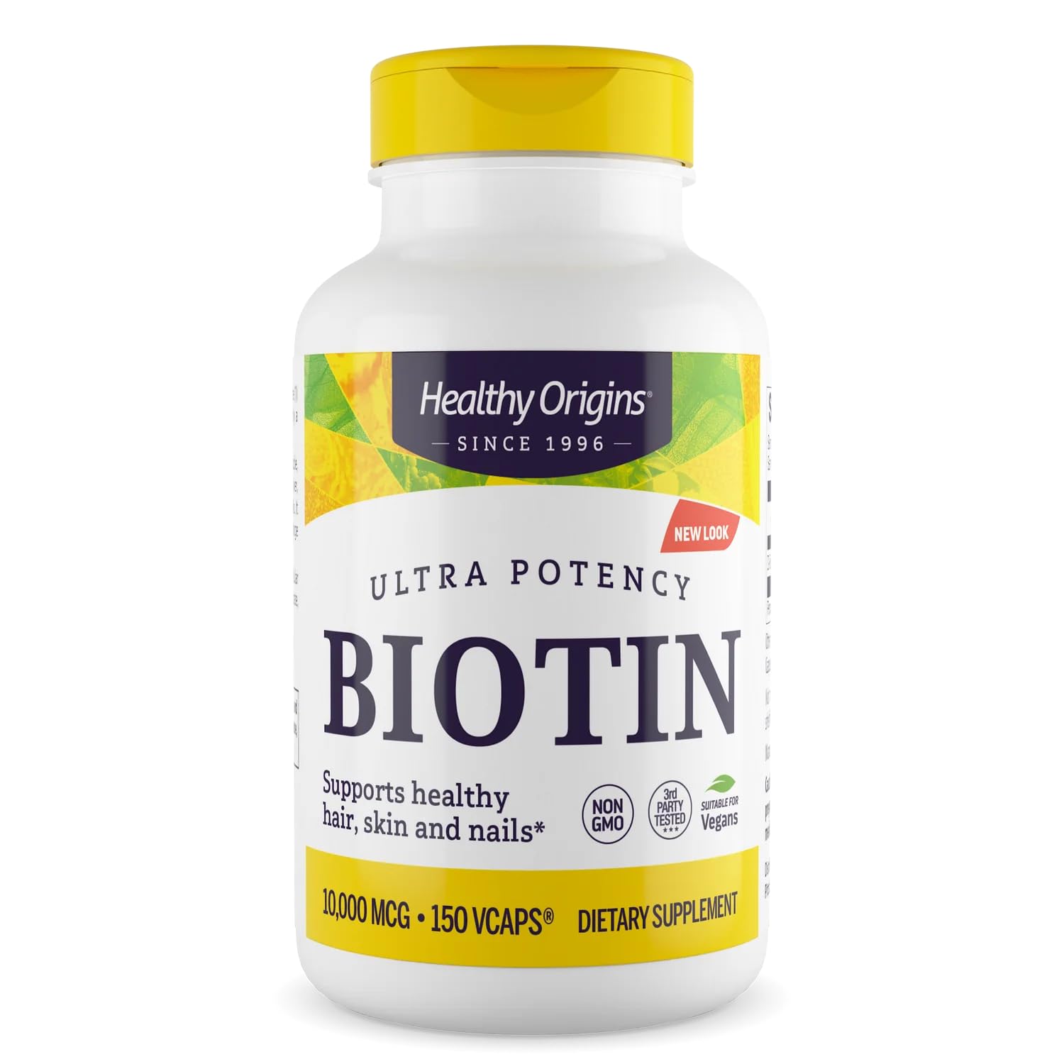 Healthy Origins Biotin 10,000 mcg bottle label with USP Grade Non-GMO Gluten Free