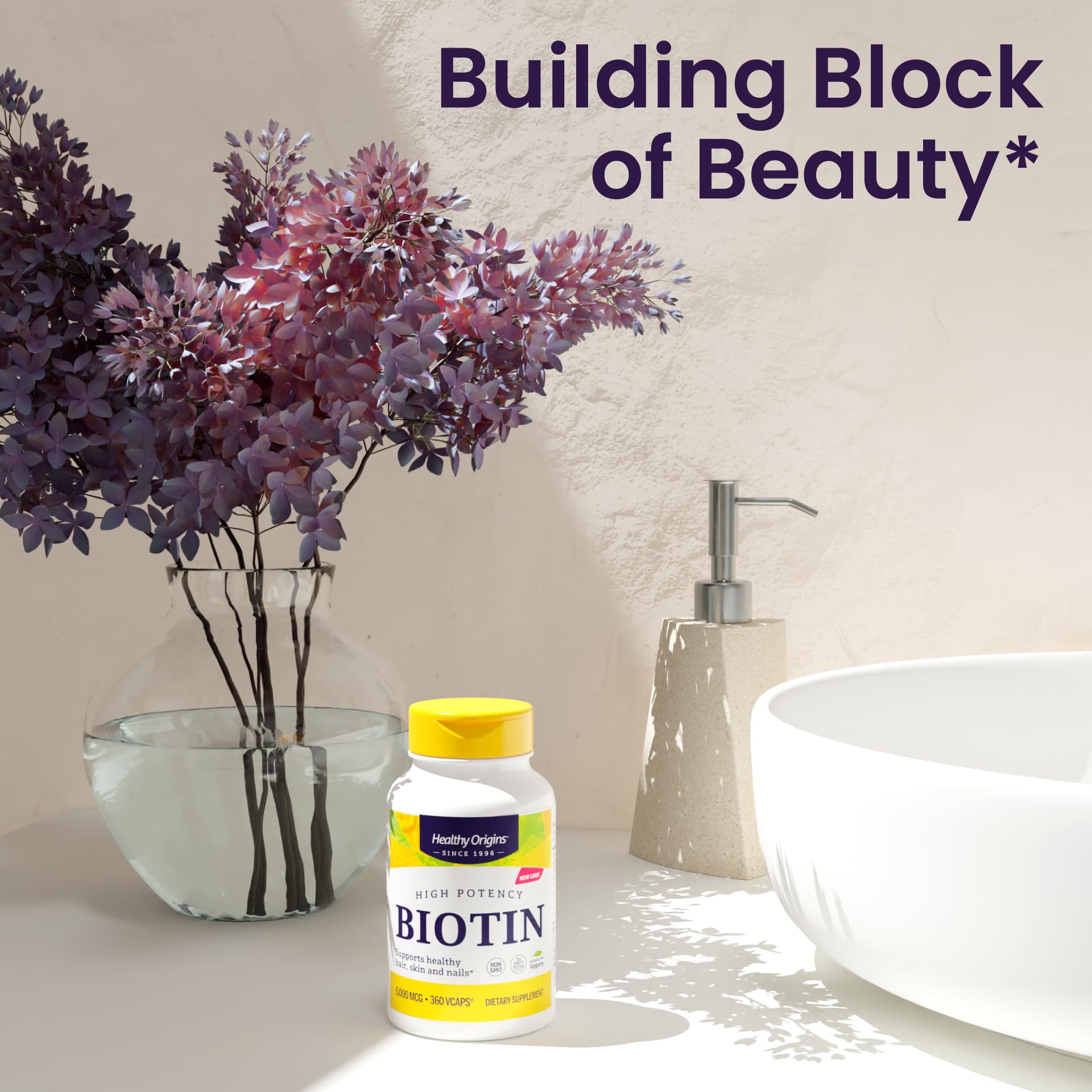 Close-up of Healthy Origins Biotin 10,000 mcg veggie capsules