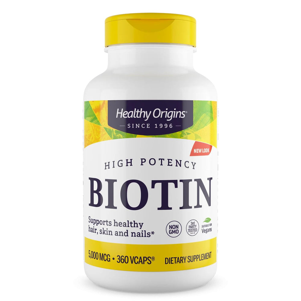 Healthy Origins Biotin 5000 mcg USP Grade bottle with 360 veggie caps