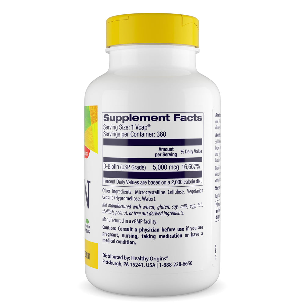 Close-up of Healthy Origins Biotin 5000 mcg USP Grade bottle label