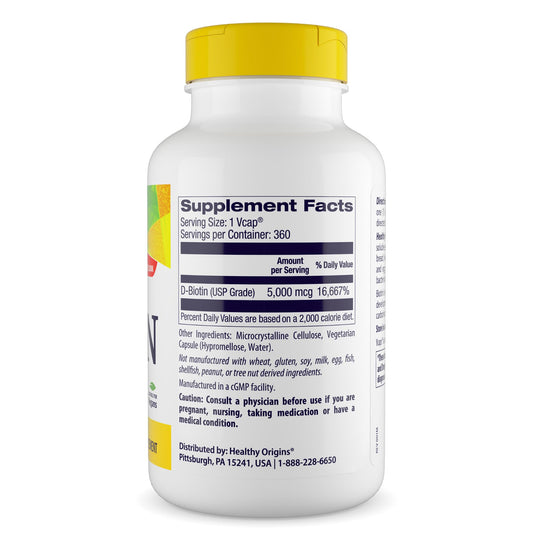 Close-up of Healthy Origins Biotin 5000 mcg USP Grade bottle label
