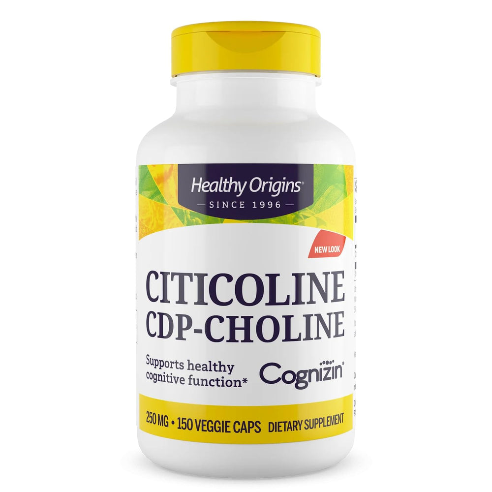 Bottle of Healthy Origins Cognizin Citicoline 250 mg capsules on white background