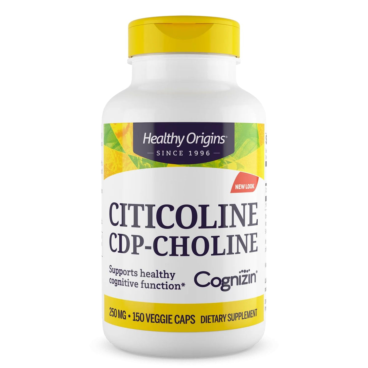 Bottle of Healthy Origins Cognizin Citicoline 250 mg capsules on white background