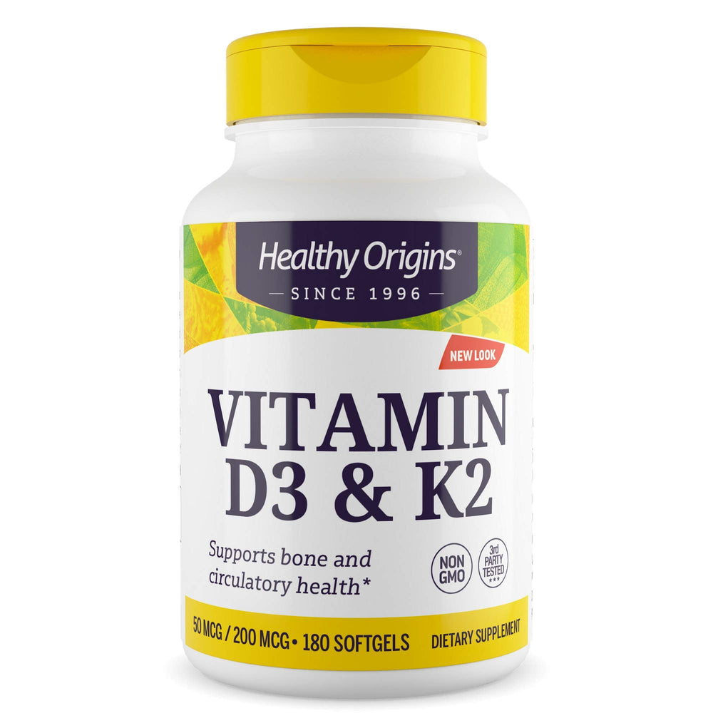 Front view of Healthy Origins Vitamin D3 2000 IU and K2 200 mcg bottle with 180 softgels