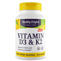 Front view of Healthy Origins Vitamin D3 2000 IU and K2 200 mcg bottle with 180 softgels