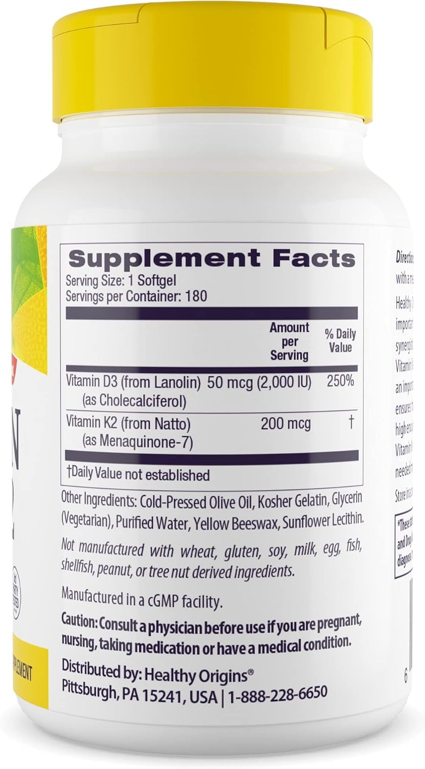 Product label showing Non-GMO and gluten-free claims on Healthy Origins D3 + K2 bottle