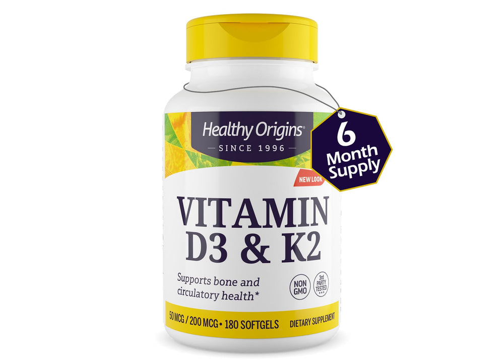 Bottle with 180 softgels in a clear container from Healthy Origins D3 + K2