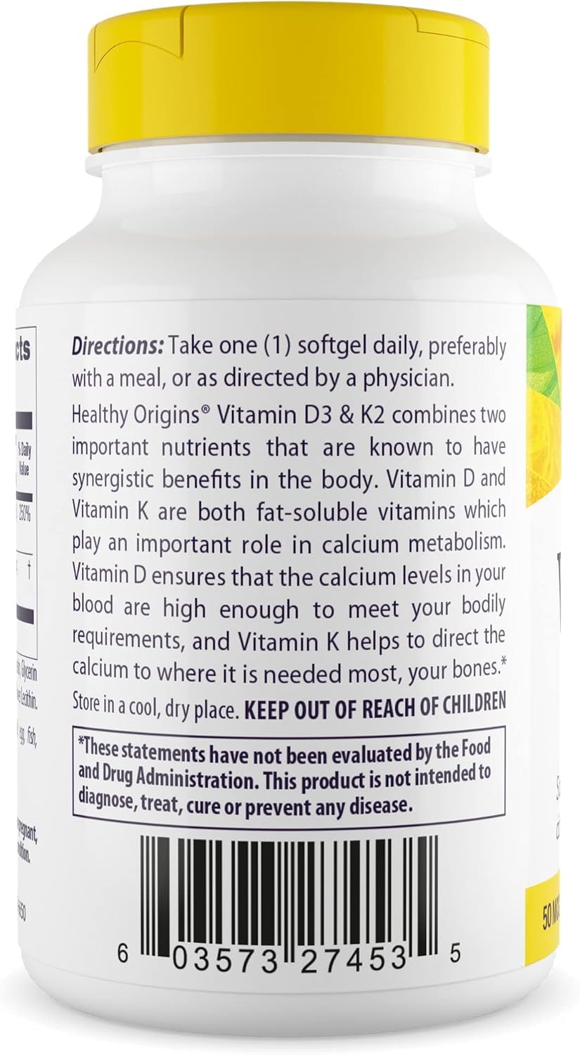 Close-up of D3 and K2 ingredients on Healthy Origins bottle label