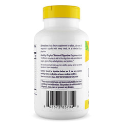 Healthy Origins Digestive Enzymes bottle back label highlights gluten-free and non-GMO quality.