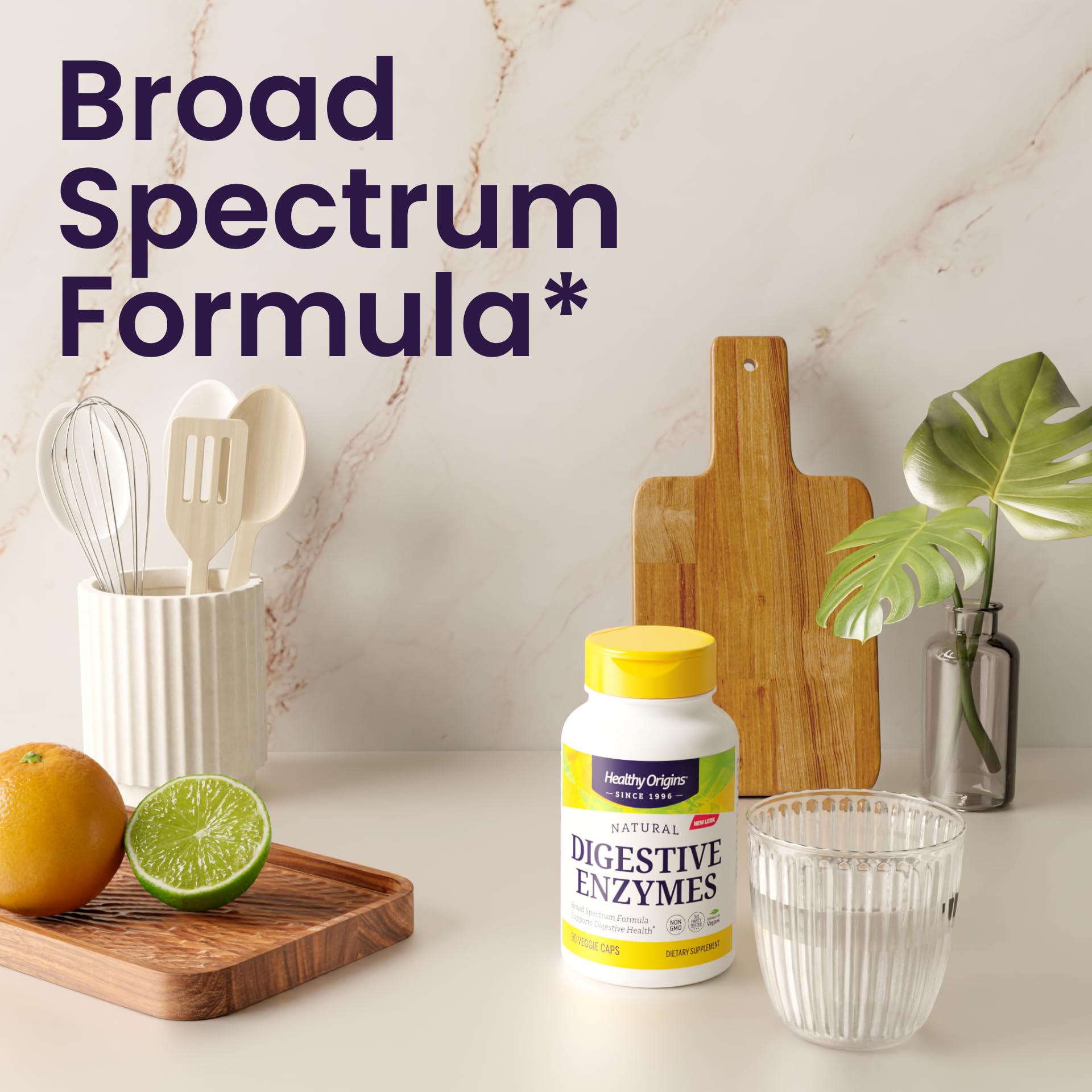 Healthy Origins Digestive Enzymes capsules closeup highlights easy daily use.