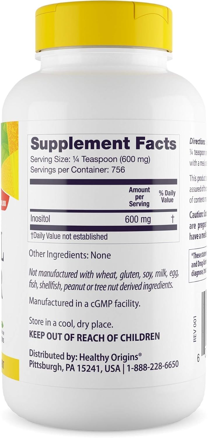 Close-up of Inositol Powder label showing ingredients and claim