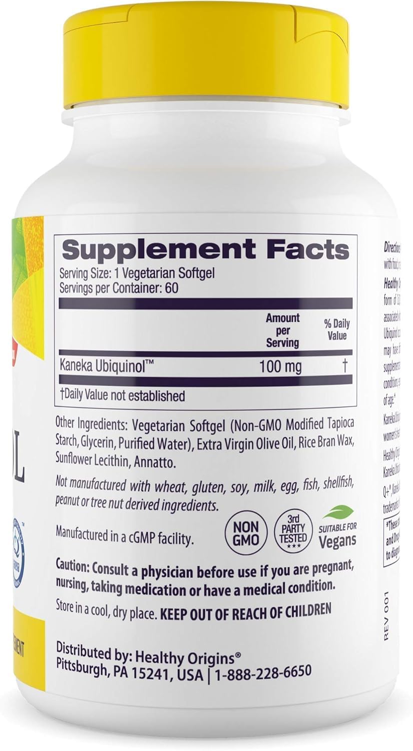Close-up of Kaneka Ubiquinol active CoQ10 label on bottle