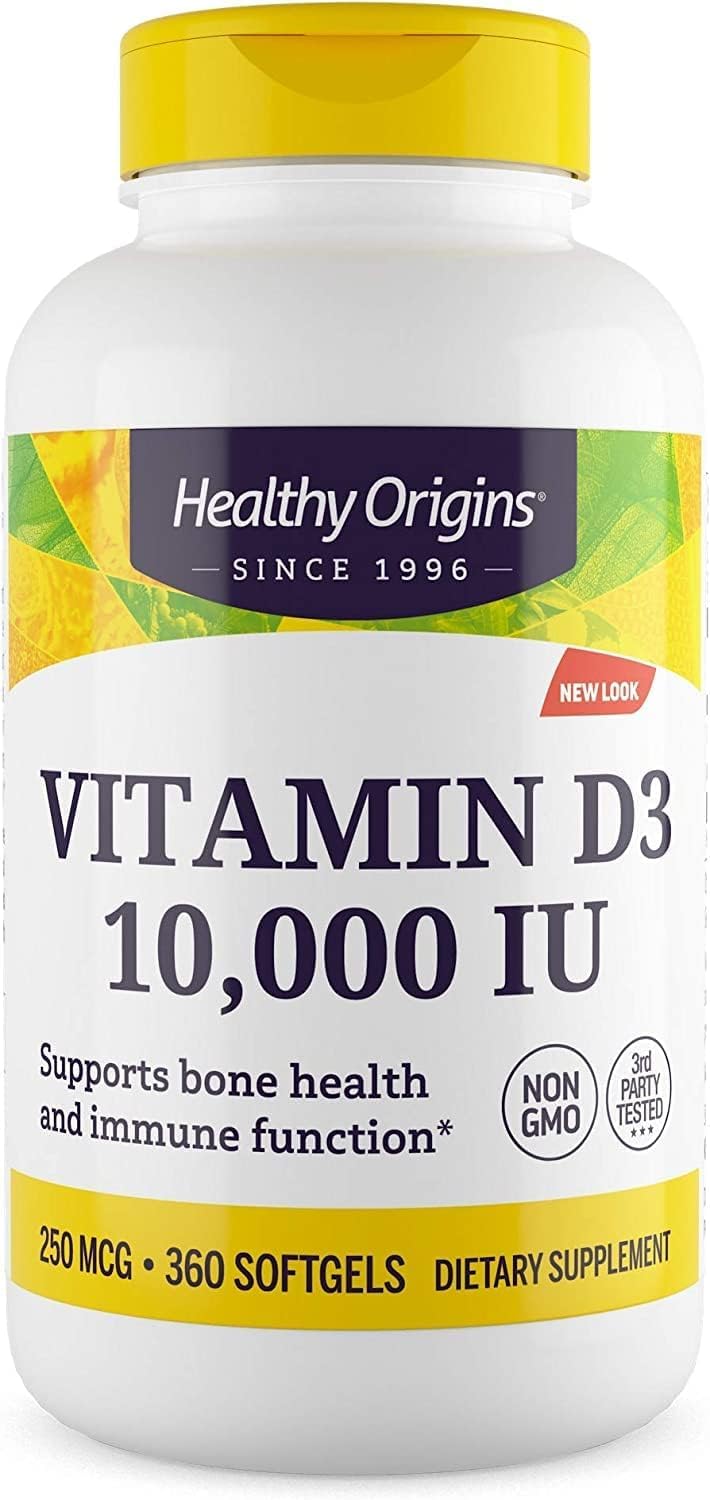 Front view of Healthy Origins Vitamin D3 10000 IU softgels
