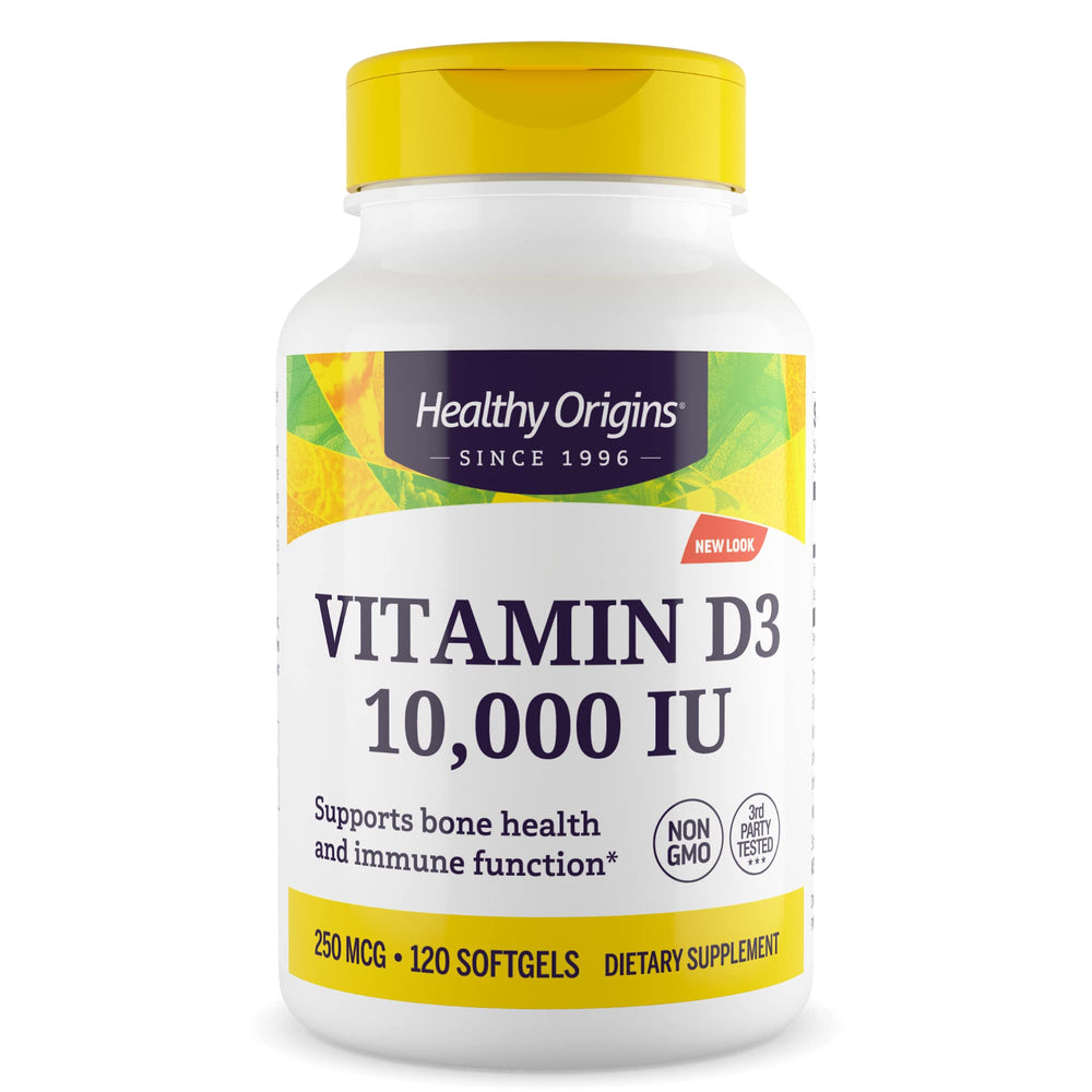 Bottle of Healthy Origins Vitamin D3 10,000 IU softgels