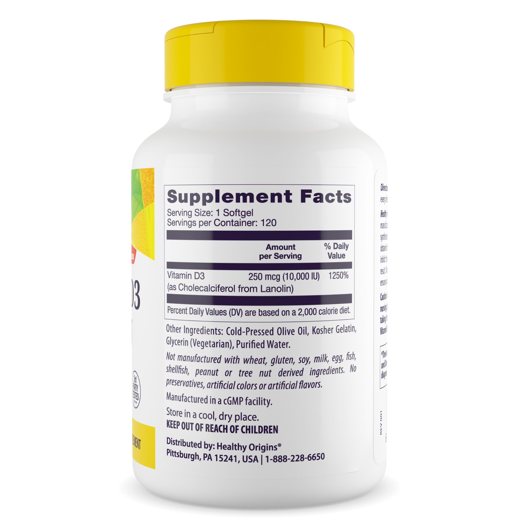 Label of Healthy Origins Vitamin D3 10,000 IU